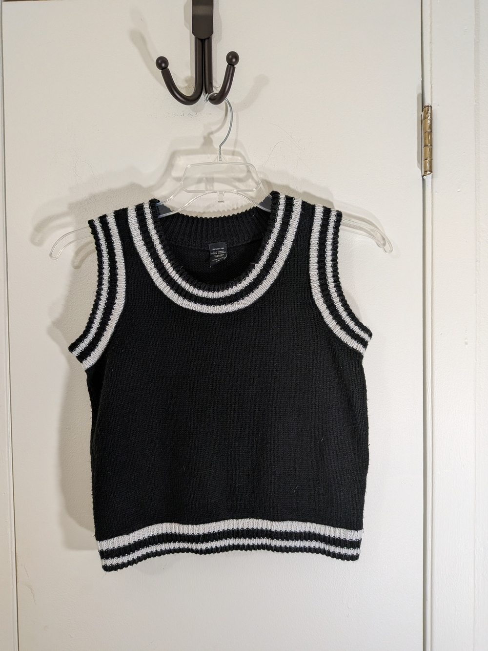 Black Sleeveless Knit Tank with White Stripe Trim - Women Tops